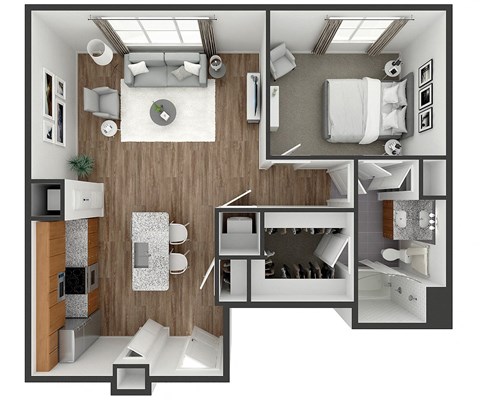 Floor plan for 1 bed, 1 bath, 808 sqft